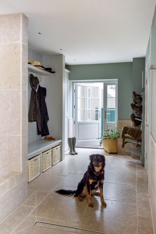 boot room with dog shower and cream tiled stone floor