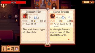 Haunted Chocolatier - A recipe book describing the prices and ingredients for a Chocolate Bar and Simple Truffle