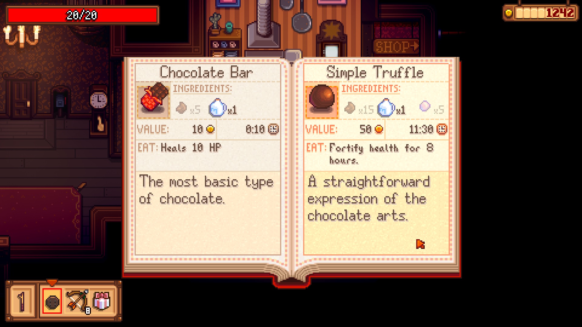 Haunted Chocolatier - A recipe book describing the prices and ingredients for a Chocolate Bar and Simple Truffle