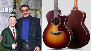 Pedro Pascal and Bella Ramsey pictured on the red carpet. On the right, a built-to-order replica of the Taylor they play in The Last of Us