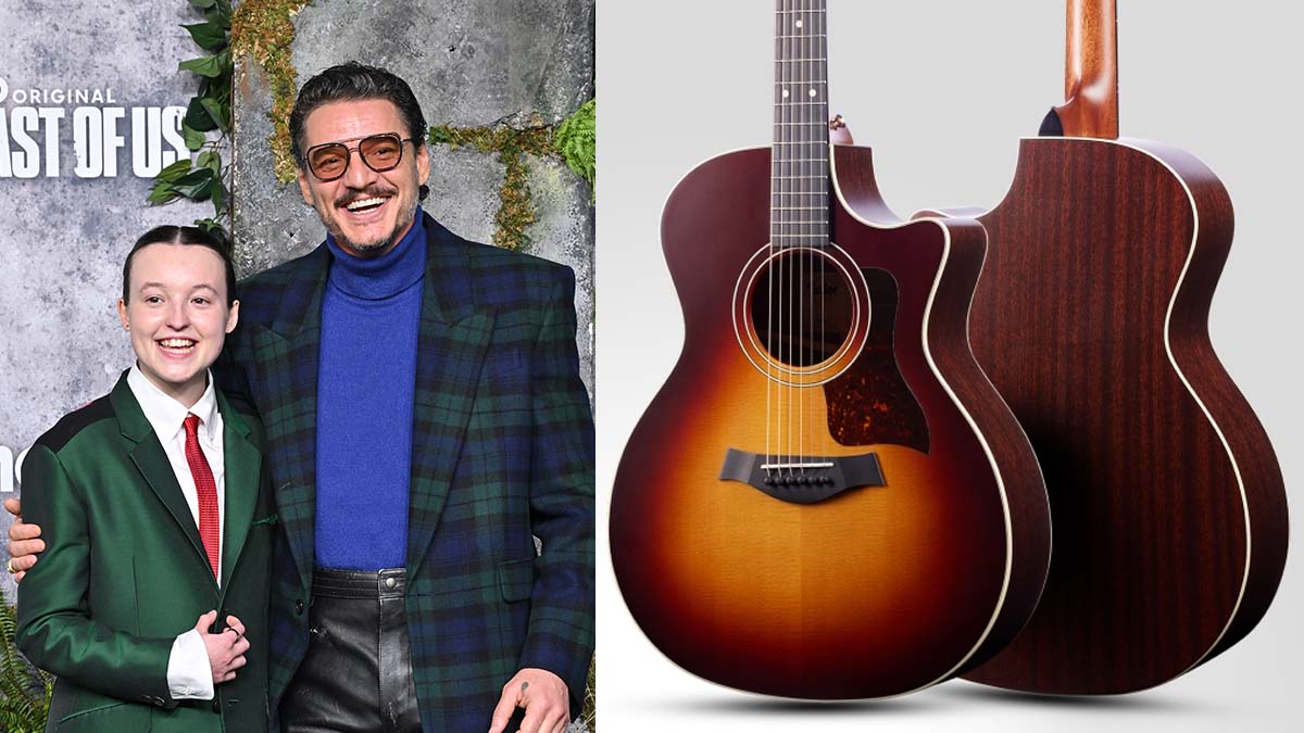 Pedro Pascal and Bella Ramsey pictured on the red carpet. On the right, a built-to-order replica of the Taylor they play in The Last of Us 