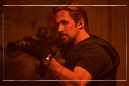 close up of Ryan Gosling aiming a gun in The Gray Man