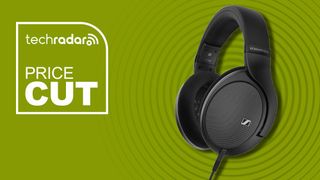 The Sennheiser HD 550 headphones on a green background with white price cut text