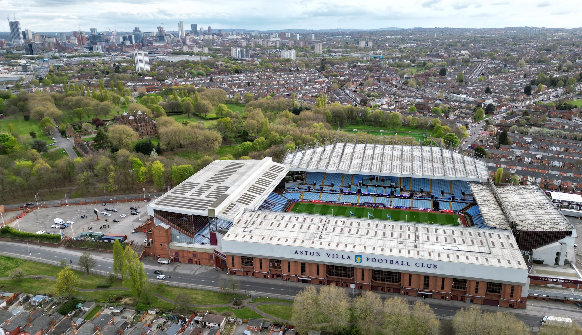 An aerial view of Villa Park, home of Aston Villa FC, in Birmingham, central England, on April 14, 2025, on the eve of their UEFA Champions League quarter-final, second leg, football match against Paris Saint-Germain