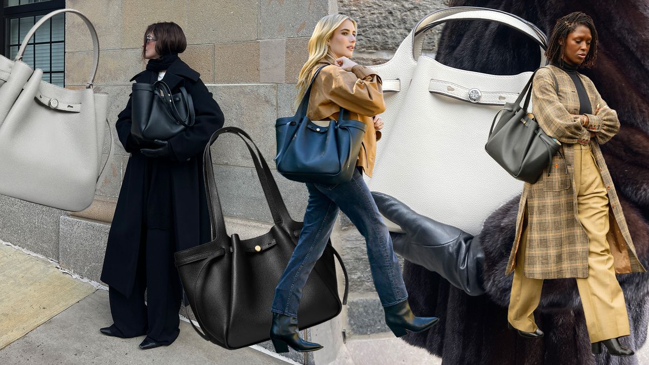 A collage showing Eliza Huber, Emma Roberts, and Jodie Turner-Smith wearing various versions of the Tory Burch Romy bag.