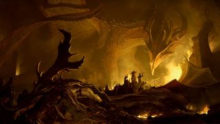 A large dragon looms over a group of humanoids in the darkness