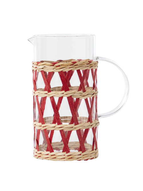 Glass Pitcher in Red & Natural Raffia Sleeve