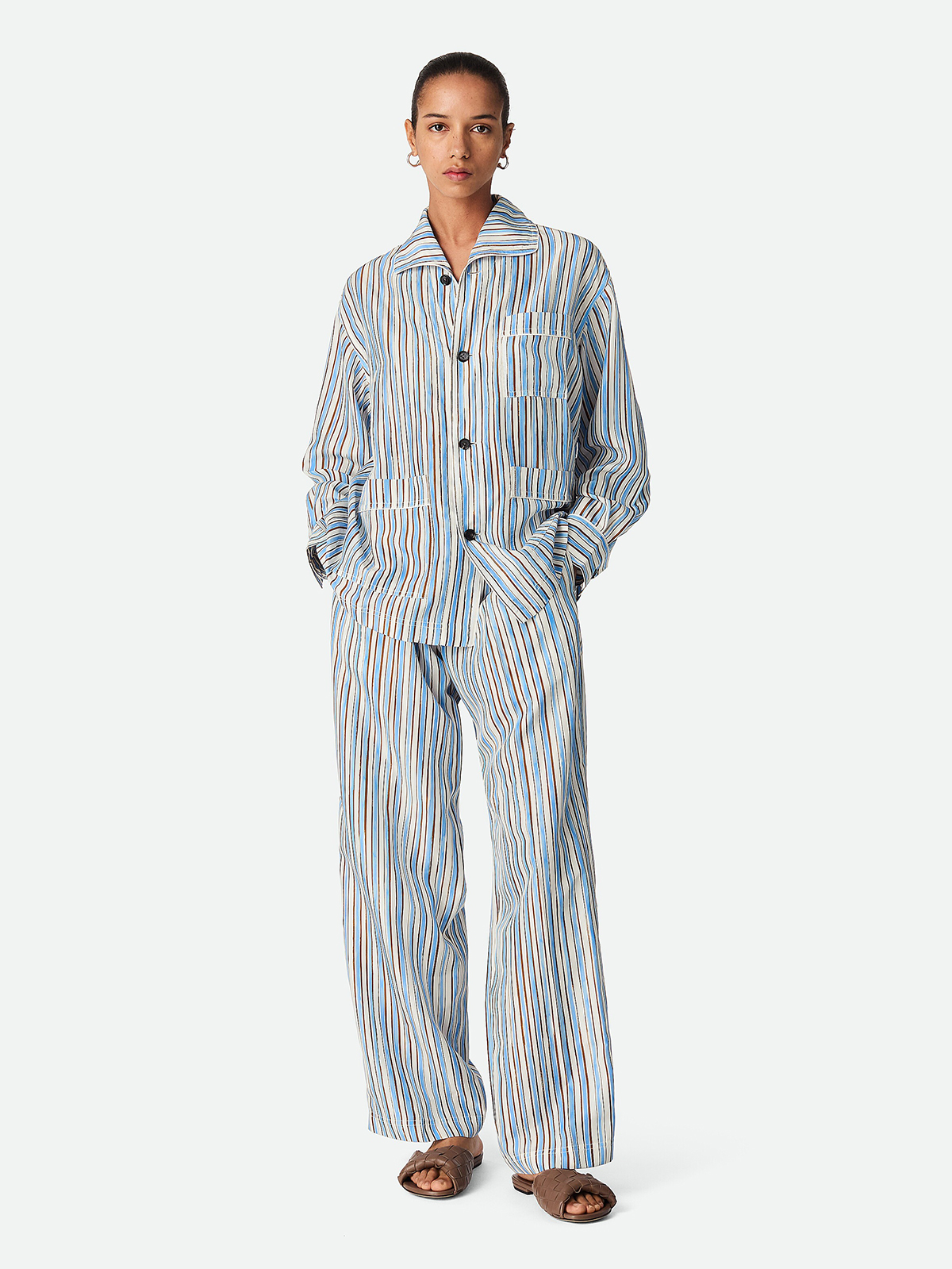 Women&#039;s Striped Silk Pyjama Set in Admiral/brown