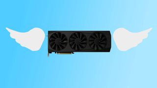 XFX Radeon RX 9070 XT Quicksilver graphics card on a blue background with angel wings on either side