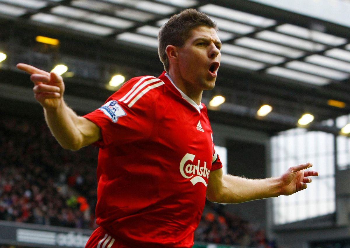 Steven Gerrard celebrates after scoring for Liverpool against Blackburn Rovers, February 2010