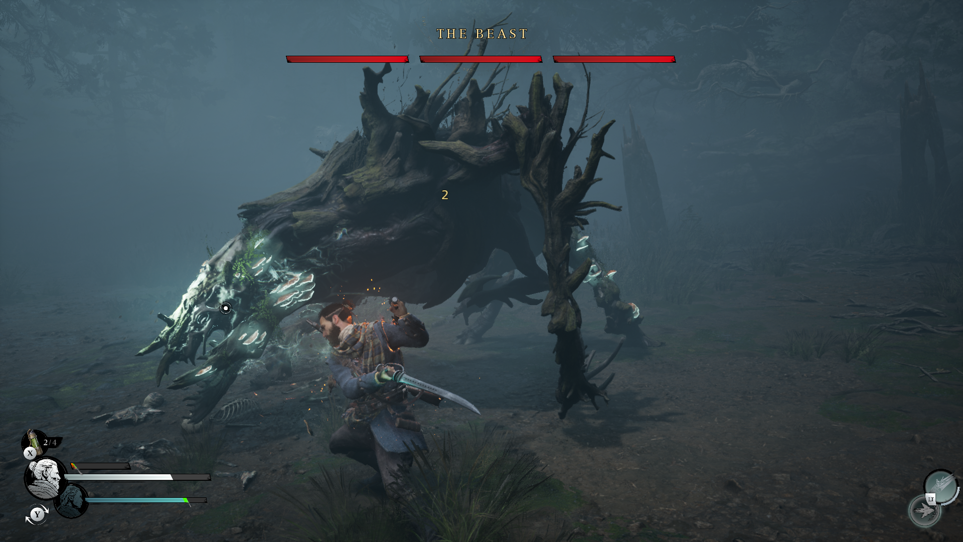 Red fighting a beast made of tangled wood in Banishers: Ghosts of New Eden.