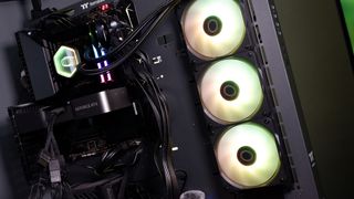 A Cooler Master MasterLiquid 360 Core II liquid cooler set-up on a test bench.