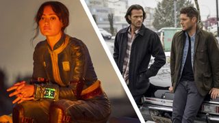 Ella Purnell as Lucy in Fallout, next to Jared Padalecki as Sam Winchester and Jensen Ackles as Dean Winchester in Supernatural.
