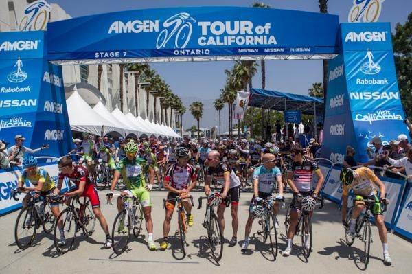 The Tour of California jersey holders at the start in Ontario