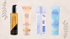 Collage of four of the best fake tans for pale skin from (left to right) St Tropez, Vita Liberata, Bondi Sands and Isle of Paradise, set on a beige background with two leaf illustrations