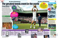 Magazine spread featuring a large image of a tennis player holding a trophy in the air surrounded by fans