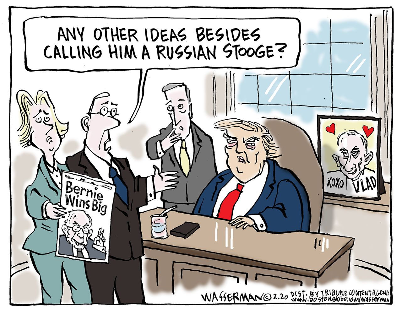 Political Cartoon U.S. Russian stooge Sanders Democratic nominee Putin Trump