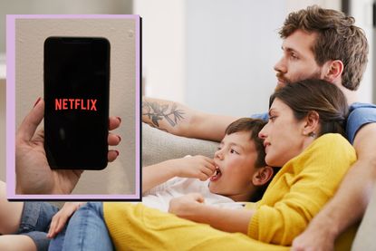 Parents watching TV with their child and a drop in image of Netflix app on a mobile phone screen