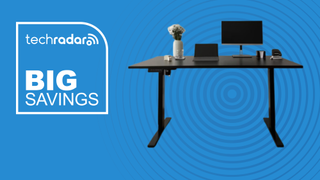 The FlexiSpot E1 on a blue background beside a TechRadar badge reading 'Big Savings'
