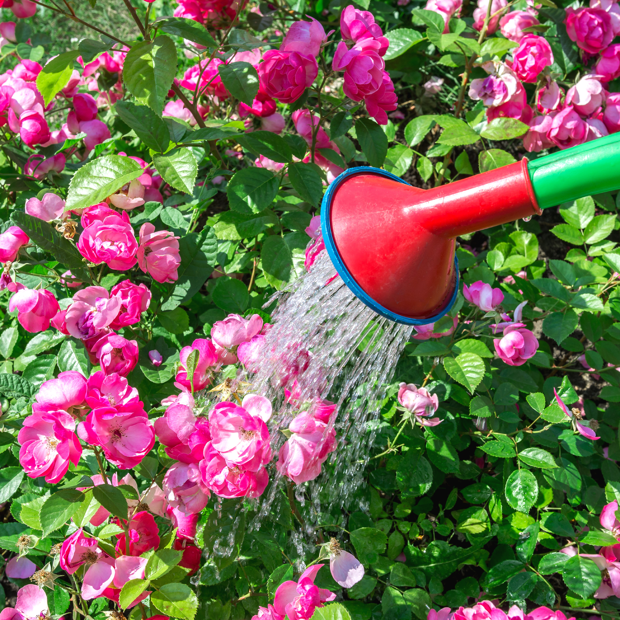 watering roses with watering can