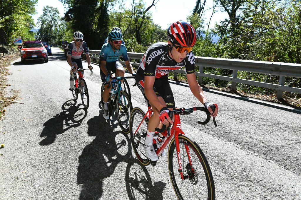 BORGOSESIA ITALY OCTOBER 07 LR Jensen Mattias Skjelmose of Denmark and Team Trek Segafredo Marc Soler Gimenez of Spain and Movistar Team Manuele Boaro of Italy and Team Astana Premier Tech and Sylvain Moniquet of Belgium and Team Lotto Soudal compete in the Breakaway during the 105th Gran Piemonte 2021 a 168km race from Rocca Canavese to Borgosesia 350m GranPiemonte on October 07 2021 in Borgosesia Italy Photo by Tim de WaeleGetty Images