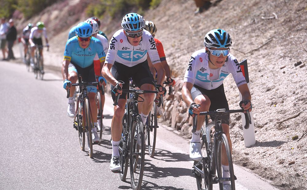 Kenny Elissonde leads Team Sky teammate Chris Froome on an ascent at the Tour of the Alps
