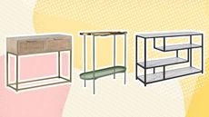 A set of three console tables on yellow and pink graphic background