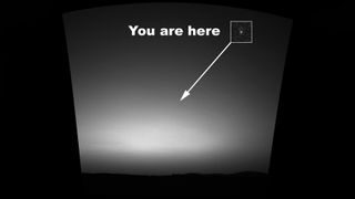 This is the first image ever taken of Earth from the surface of a planet beyond the Moon. It was taken by the Mars Exploration Rover Spirit one hour before sunrise on the 63rd Martian day, or sol, of its mission. Because Earth was too faint to be detected in images taken with the panoramic camera's color filters, the inset image shows a combination of four panoramic images zoomed in on Earth.