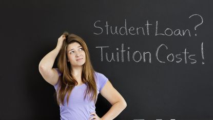 Young woman scratching head in front of blackboard where "student loan" and "tuition costs" are written.