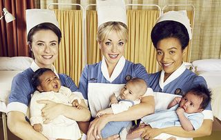 Jennifer Kirby, Helen George and Leonie Elliott who will all feature in the Call the Midwife Christmas special 2019