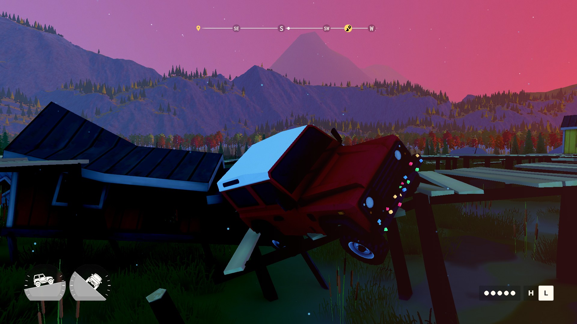 A 4x4 in Over The Hill tilts at an angle off a wooden walkway
