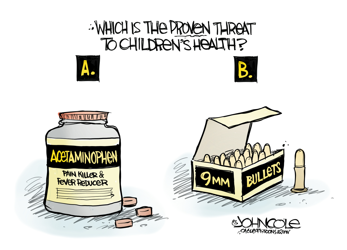 This cartoon is titled &amp;ldquo;Which is the proven threat to children&amp;rsquo;s health?&amp;rdquo; A bottle of acetaminophen is on the left and is choice &amp;ldquo;A,&amp;rdquo; A box of 9 millimeter bullets is on the right and is choice &amp;ldquo;B.&amp;rdquo;