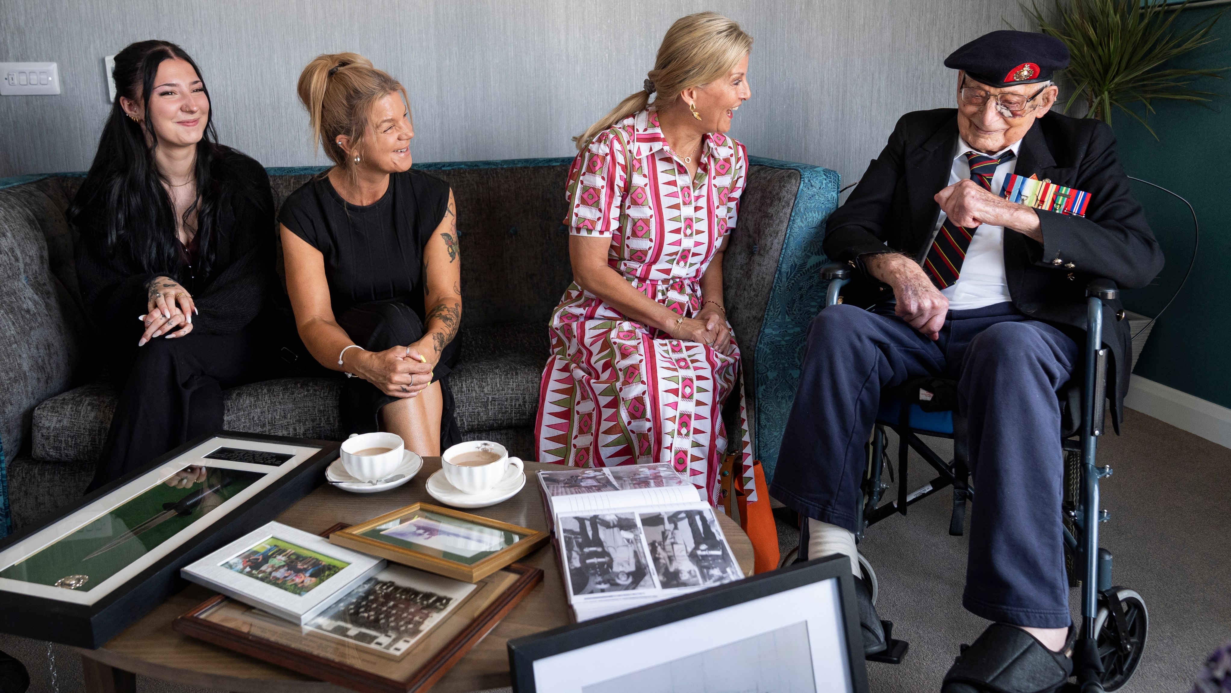 (Left to right) Freya Dables, Kirsty Dables, Sophie, Duchess of Edinburgh, patron of the Java Far East Prisoner of War Club 1942, and 105-year-old Royal Marines veteran James 'Jim' Wren sit together at the Old Sarum Manor Care Home