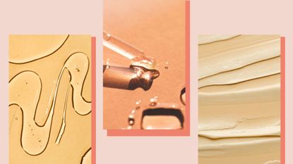 close up image of three skincare product swatches—including an orange gel face wash, a pipette dropping serum and a smear of cream moisturizer—on a light pink background