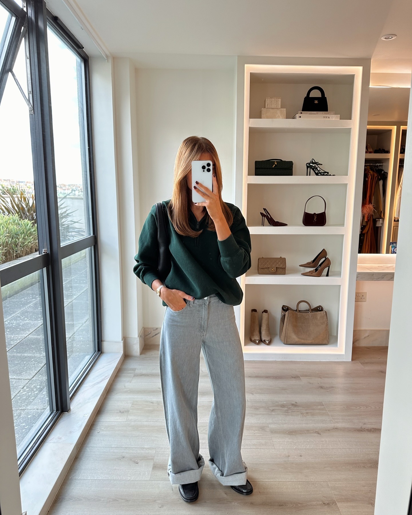 Fashion person Yasmin Davenport wears the grey jeans and ballet flat trend.