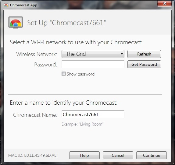 The window for naming your Chromecast and putting it on a network
