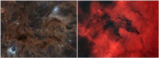 pictures of nebulas, one primarily brown, the other red.
