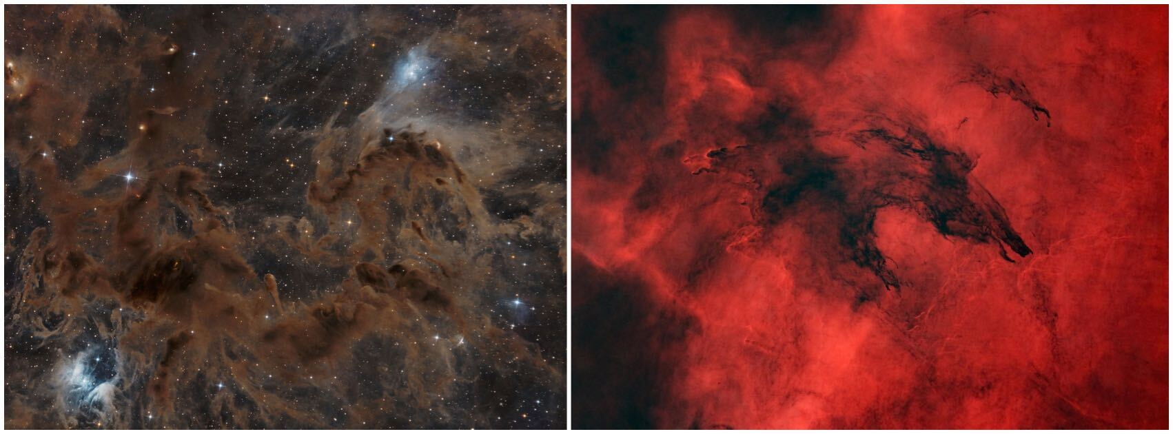 pictures of nebulas, one primarily brown, the other red.