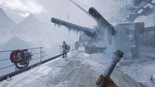 A first-person view of a frozen pipe on a frozen ship in Indiana Jones and the Great Circle