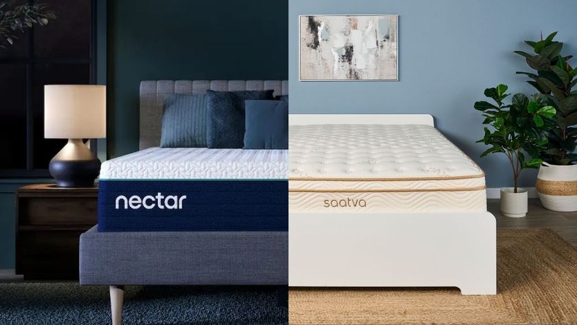 The Nectar premier hybrid mattress on a bed frame directly next to the Saatva Classic mattress on a bed frame