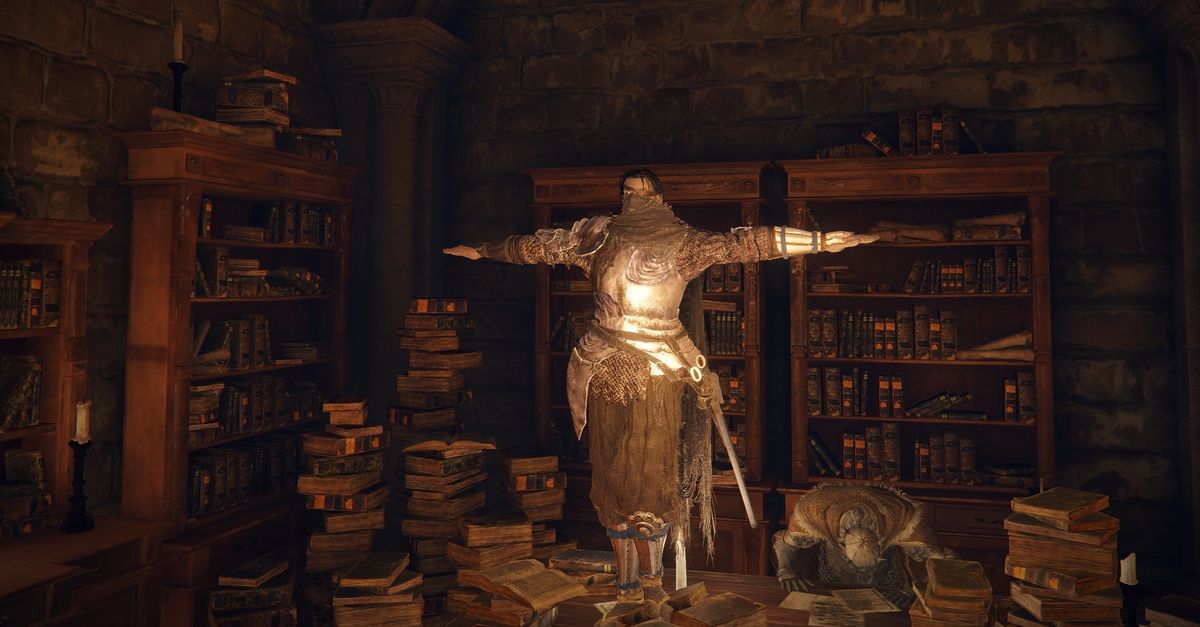 chosen tarnished t posing on gideon&#039;s desk