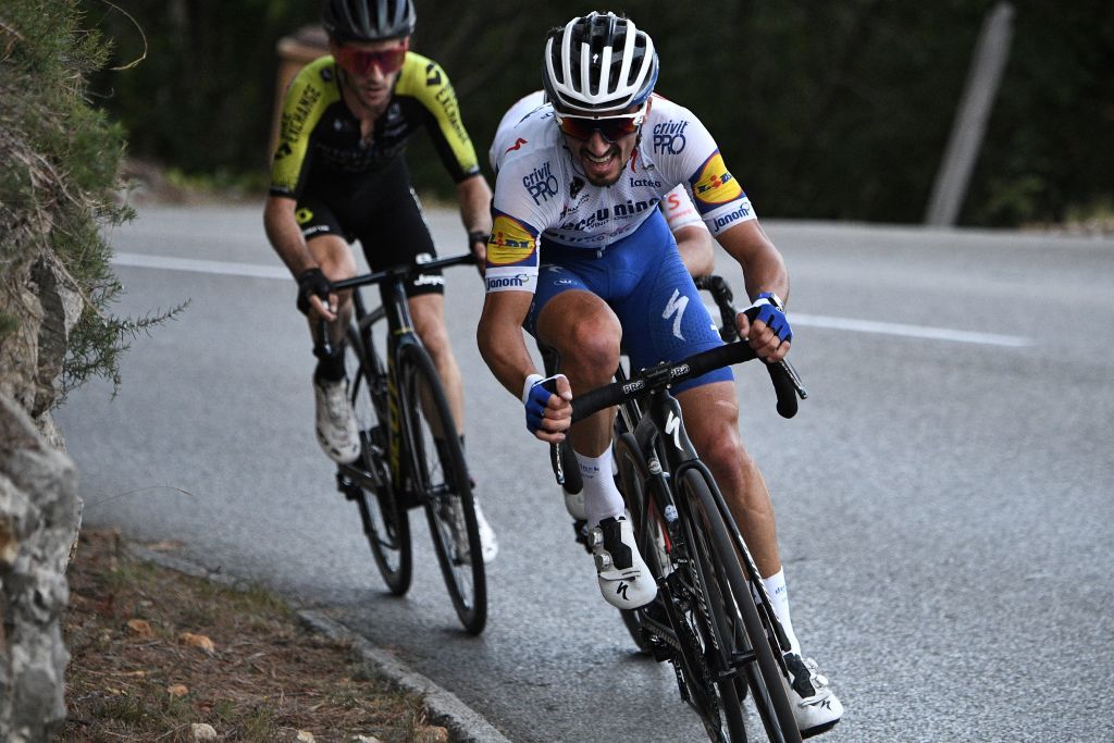 Team Deceuninck rider Frances Julian Alaphilippe R rides ahead of Team Sunweb rider Switzerlands Marc Hirschi C and Team Mitchelton rider Great Britains Adam Yates L during the 2nd stage of the 107th edition of the Tour de France cycling race 187 km between Nice and Nice on August 30 2020 Photo by AnneChristine POUJOULAT AFP Photo by ANNECHRISTINE POUJOULATAFP via Getty Images