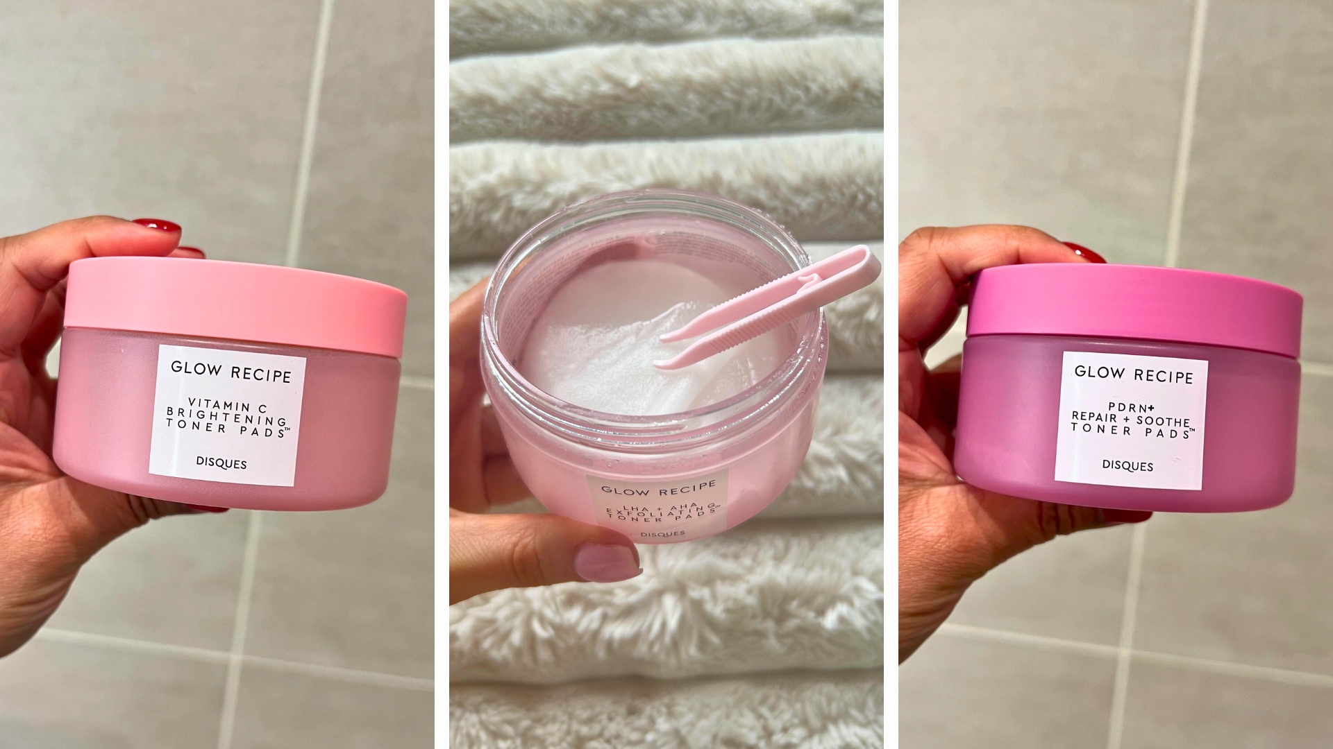 A trio of images showing the three Glow Recipe Korean Toner Pads, including the inside of the tub