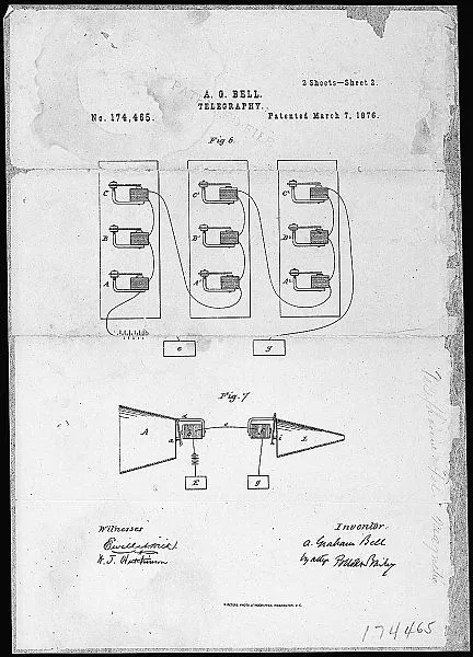 Alexander Graham Bell'in 1876 tarihli Telefon patent çizimi. Bell'in telefonu, insan konuşmasını makine aracılığıyla ileten ilk cihazdı.
