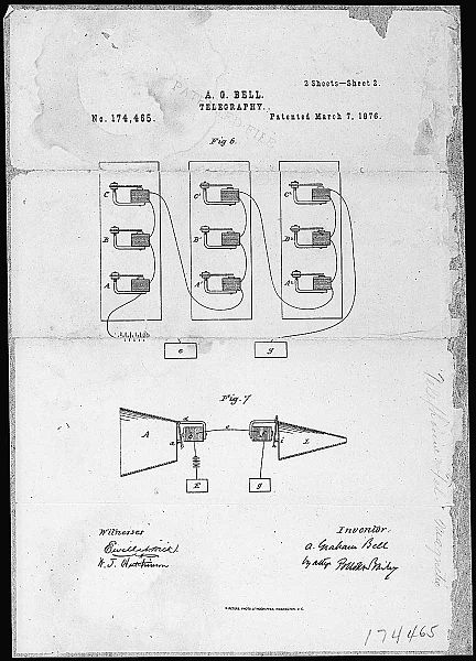 Alexander Graham Bell's Telephone patent drawing, from 1876. Bell's telephone was the first apparatus to transmit human speech via machine.