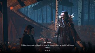 REKA screenshot of Reka and Baba Jaga talking in the woods by the ruins of the old house on stilts.