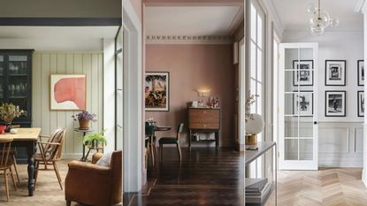 green dining room, pink living room, white entryway