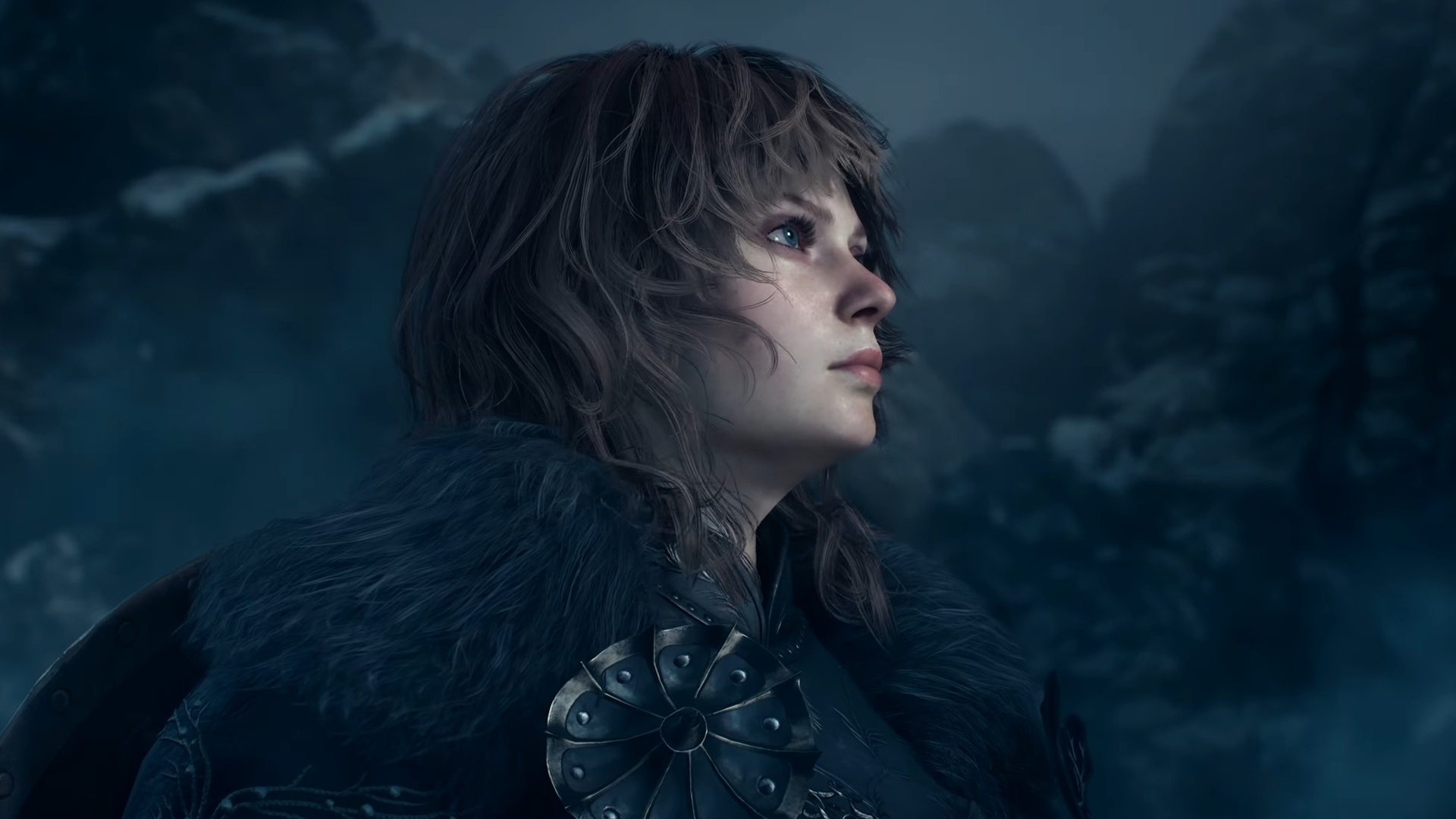Dragon's Dogma 2 Dark Arisen cutscene screenshot showing female warrior in dark armor