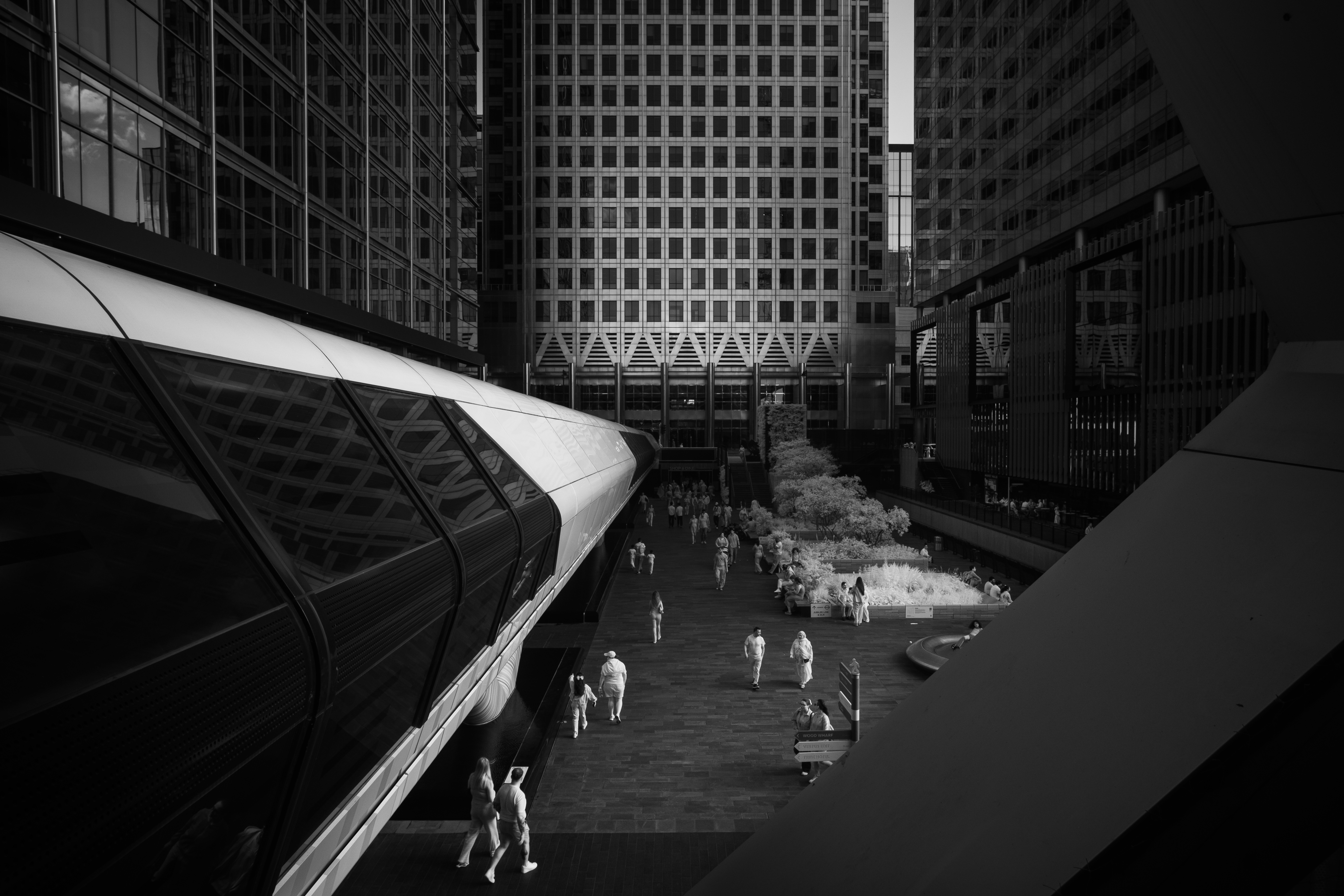 A pathway leading to a building at Canary Wharf, London