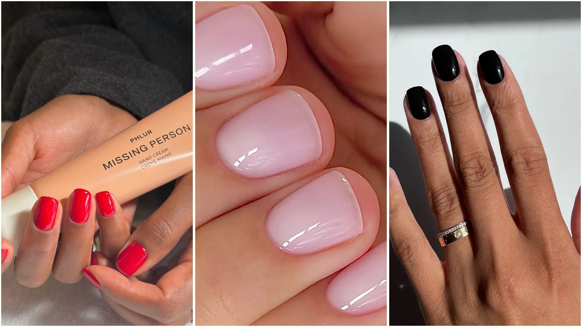 A collage of red nails, milky pink nails and glossy black nails